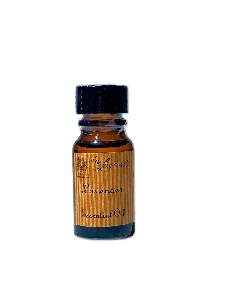 A small glass bottle labeled "La Lavande Lavender Essential Oil" with a black cap, displayed against a white background.