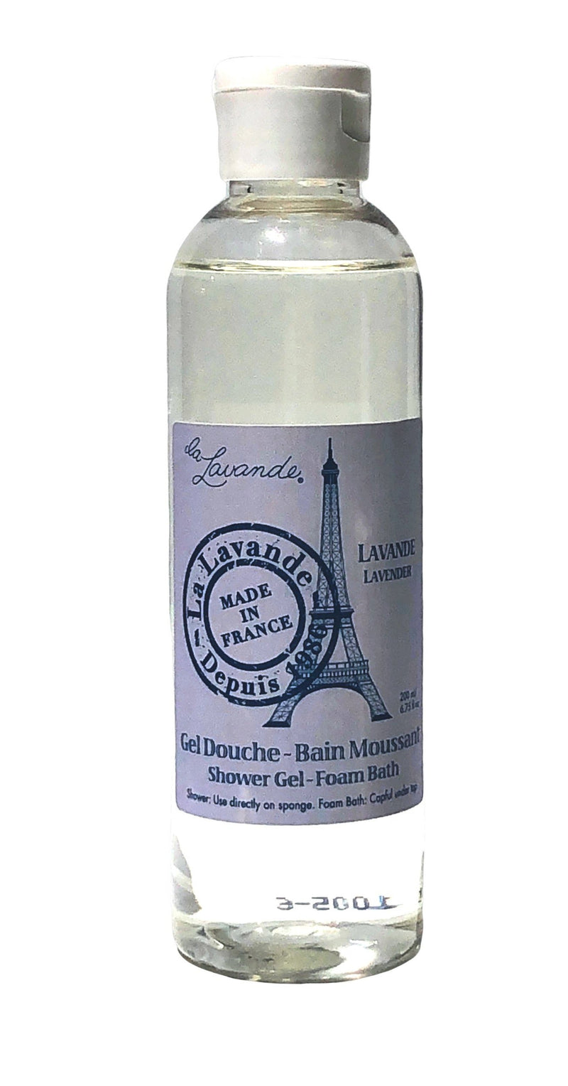 Transparent plastic bottle with La Lavande Lavender Shower Gel & Foam Bath. The label has an Eiffel Tower image and text stating "La Lavande made in France depuis".