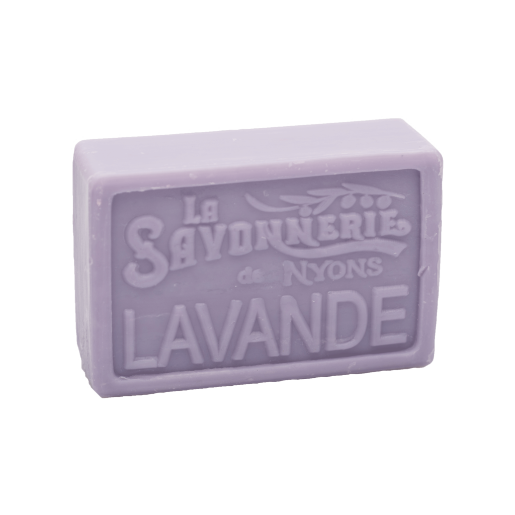A bar of La Savonnerie de Nyons Provence Lavender Soap 100g, isolated on a white background, showcasing embossed branding and the word "lavande.