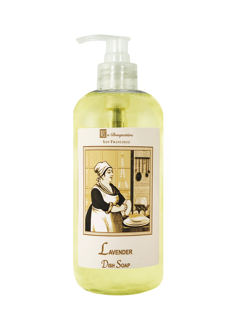 A clear bottle of La Bouquetiere Lavender scented, grease-fighting dish soap with a pump dispenser. The label depicts a vintage illustration of a woman washing dishes. The text mentions the La Bouquetiere brand and Lavender fragrance.