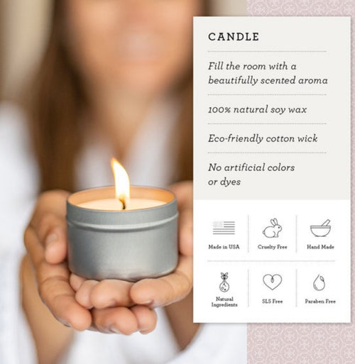 A woman holds a lit Lizush Lavender Bergamot Candle in a gray container, blurred in the background. In the foreground, there's text detailing the candle's natural and eco-friendly attributes, along with.