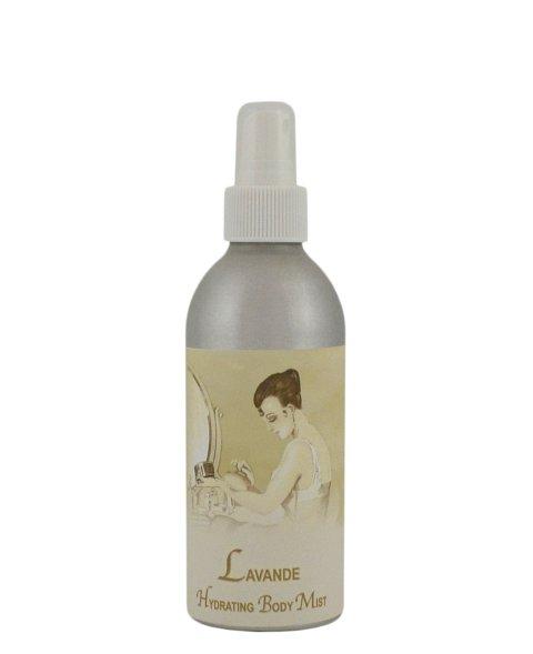 A bottle of La Bouquetiere Lavender Hydrating Mist with a vintage-style label depicting a woman applying the product at a dressing table.