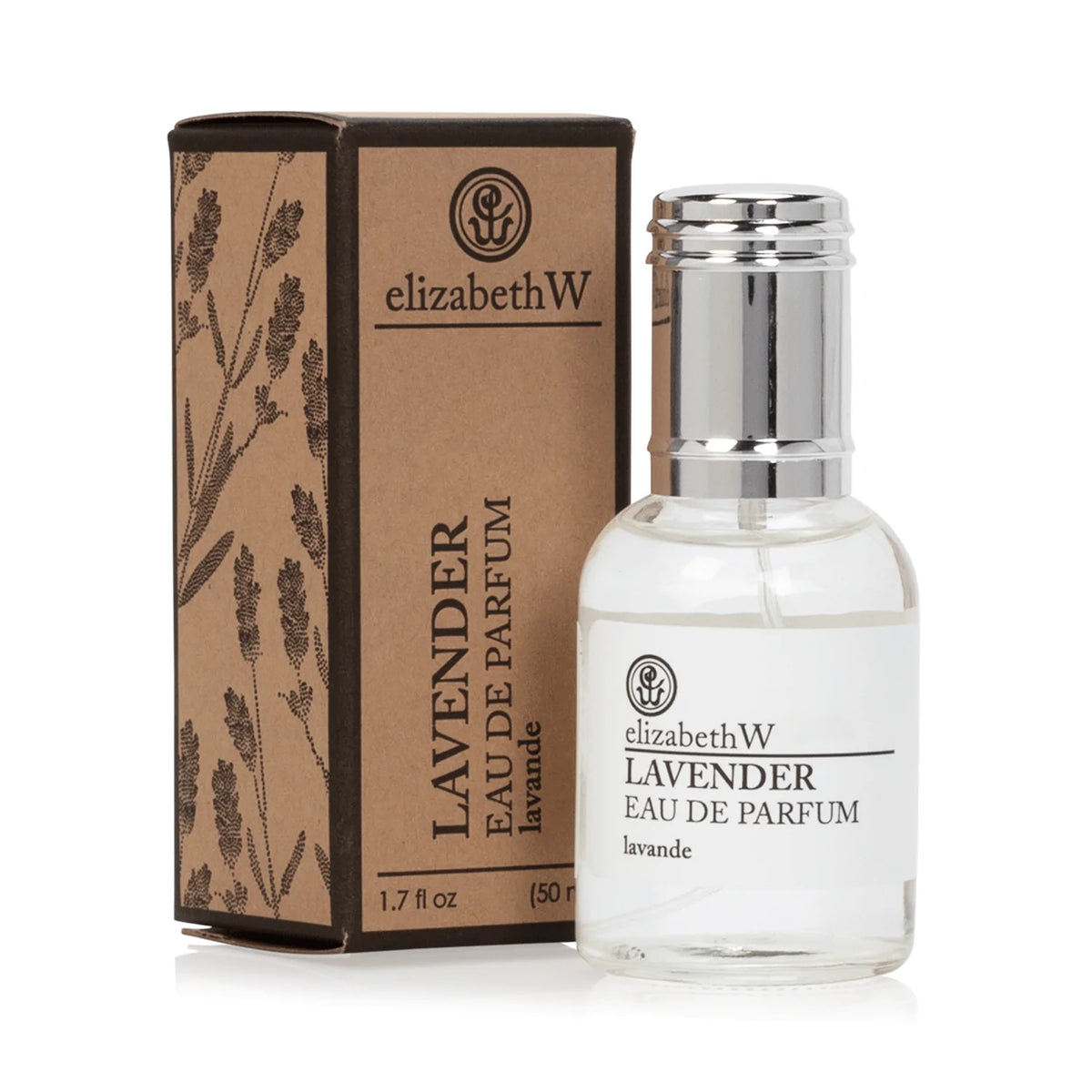 A transparent glass perfume bottle with a silver cap, labeled "elizabeth W Purely Essential Lavender Eau de Parfum," next to its brown packaging box featuring lavender plant illustrations.