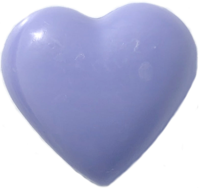 A light purple, glossy La Lavande Lavender Heart-shaped soap against a white background.