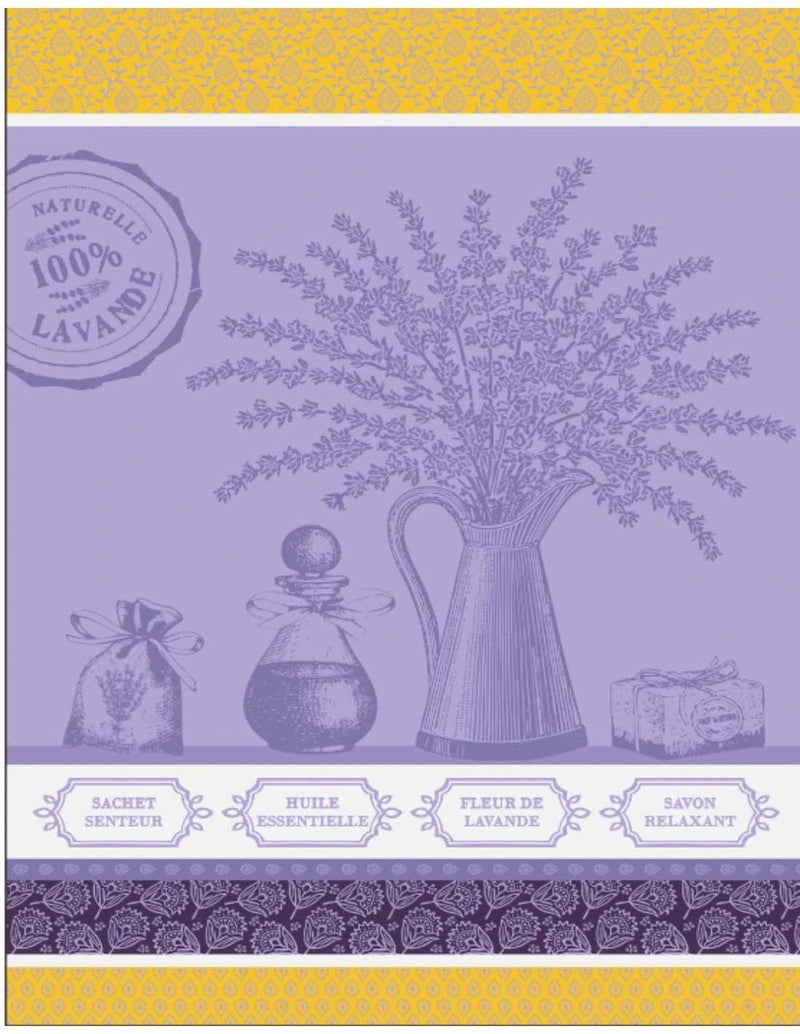 Illustration of a lavender-themed poster featuring a vase with lavender branches, a Lavender Products Tea Towel Purple 100% Cotton with Provençal pattern, essential oil, lavender flower, and relaxing soap with decorative labels, all from Made in Provence.