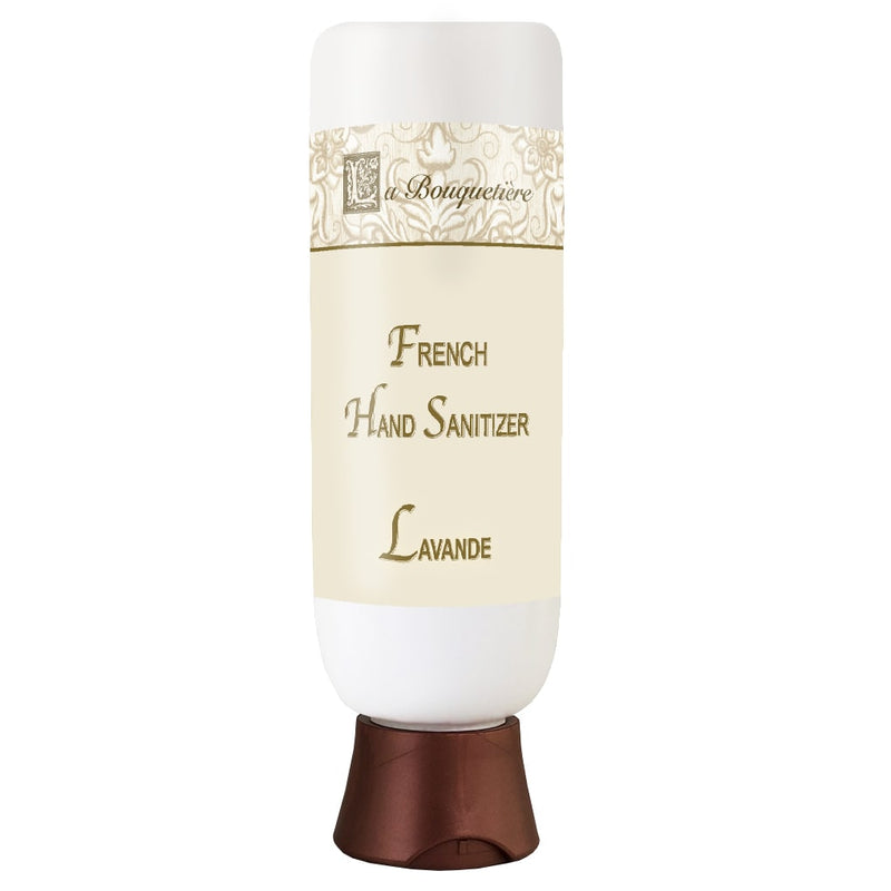 A bottle of La Bouquetiere Lavender French Hand Sanitizer 4oz with elegant beige and gold packaging, set against a plain white background.
