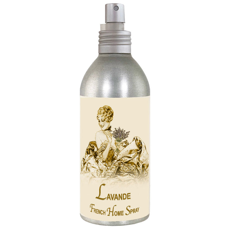 La Bouquetiere Lavender French Home Spray bottle with a vintage-style label showing an illustration of a woman holding lavender, with the text "Lavande French home spray, fresh fragrance.