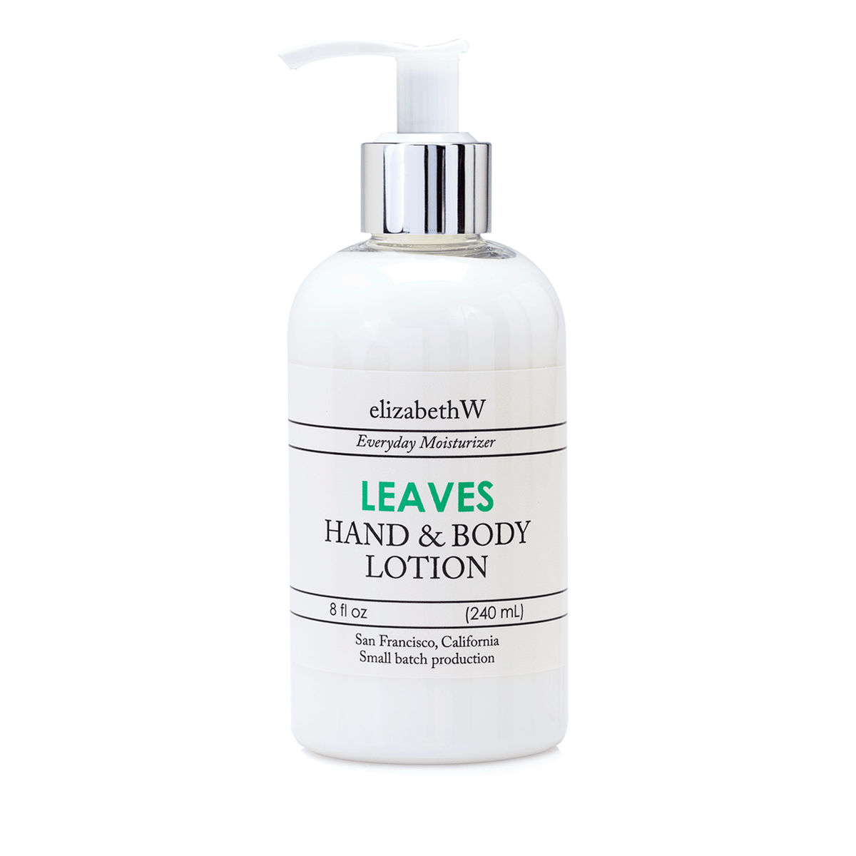 A bottle of elizabeth W Small Batch Apothecary Leaves hand and body lotion with a pump dispenser, labeled "Atlas Cedar & Body Lotion." It contains 8 fl oz (240 ml) and is produced by elizabeth W.