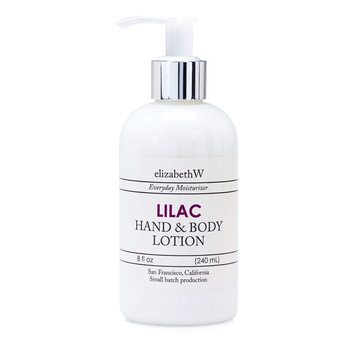 A bottle of elizabeth W Small Batch Apothecary Lilac Hand & Body Lotion, labeled "everyday moisturizer lilac," featuring a pump dispenser. The 8 fl oz bottle notes it's made with shea butter.