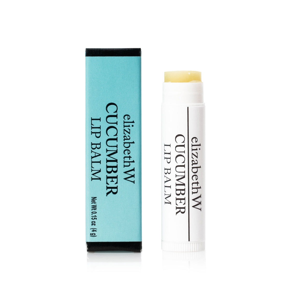 A tube of elizabeth W Botanical Apothecary Cucumber Lip Balm next to its turquoise packaging box on a white background. The tube is open, showing the balm stick.