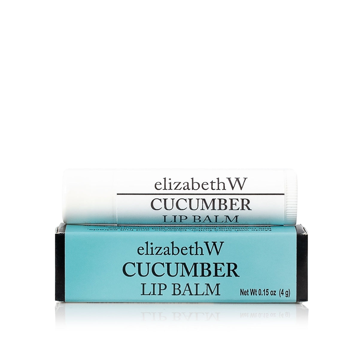 A tube of elizabeth W Botanical Apothecary Cucumber Lip Balm placed on top of its teal and black packaging, set against a white background.