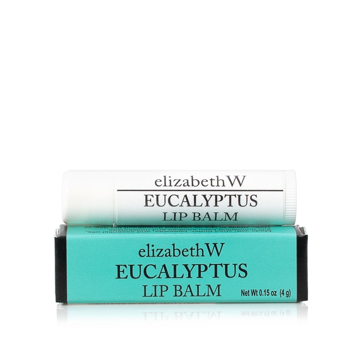 A tube of elizabeth W Botanical Apothecary Eucalyptus Lip Balm, enriched with shea butter, is positioned above its turquoise and black packaging, all set against a white background.