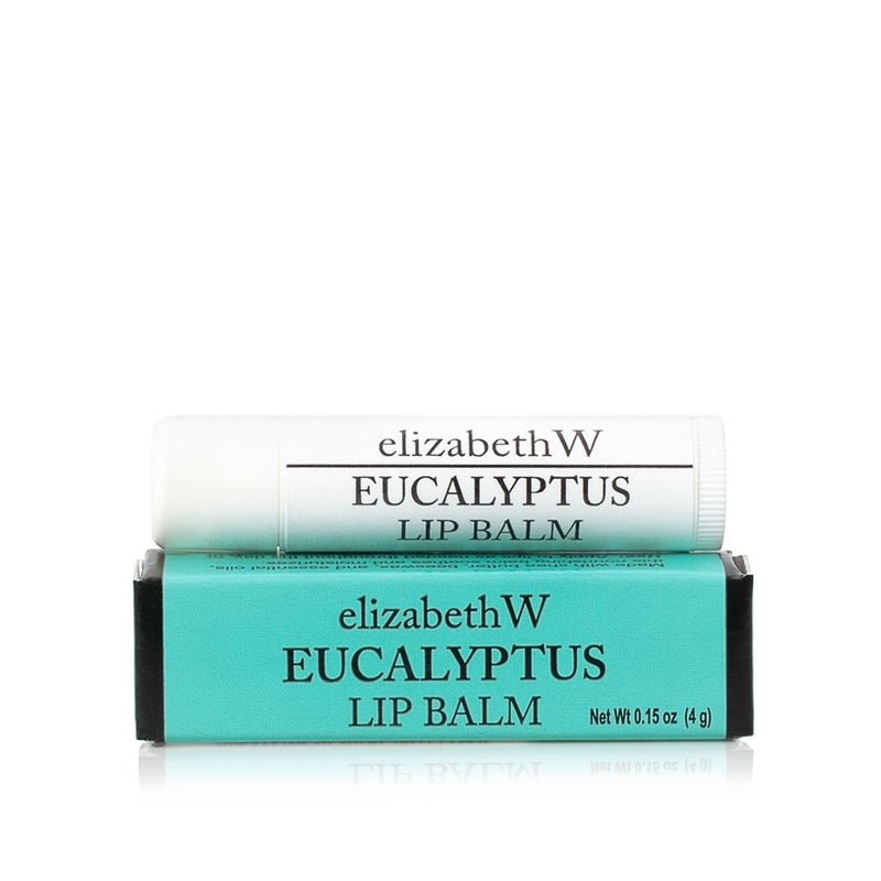 A tube of elizabeth W Botanical Apothecary Eucalyptus Lip Balm is placed on top of its matching teal and black box, against a white background. Both items display clear product labeling.