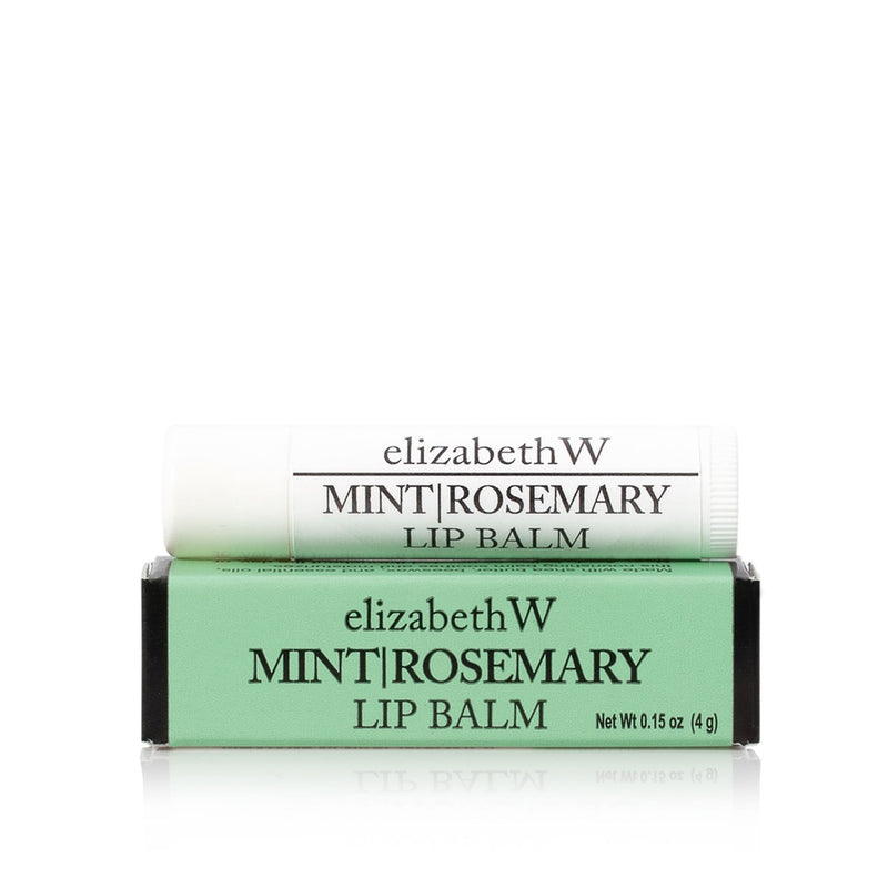 Two elizabeth W Purely Essential Mint Rosemary Lip Balm tubes in their packaging, displayed against a white background.