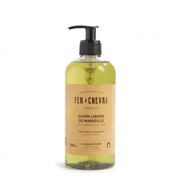 A clear bottle of Fer à Cheval Genuine Marseille Liquid Soap Olive Oil 500ml with a pump dispenser, labeled in an elegant font on a beige background, against a white backdrop.