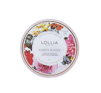 A circular container of Margot Elena Lollia Always in Rose Dusting Powder, featuring colorful floral artwork and text detailing the Rose Hibiscus powder infusion.