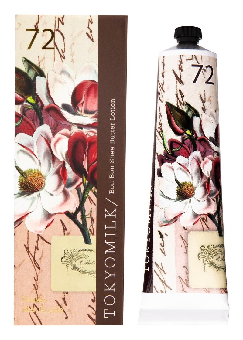 A tube of Margot Elena's TokyoMilk Make Me Blush No. 72 Bon Bon Shea Butter Lotion, enriched with Shea Butter, alongside its packaging featuring vivid illustrations of white and pink flowers against a vintage beige backdrop with text elements.