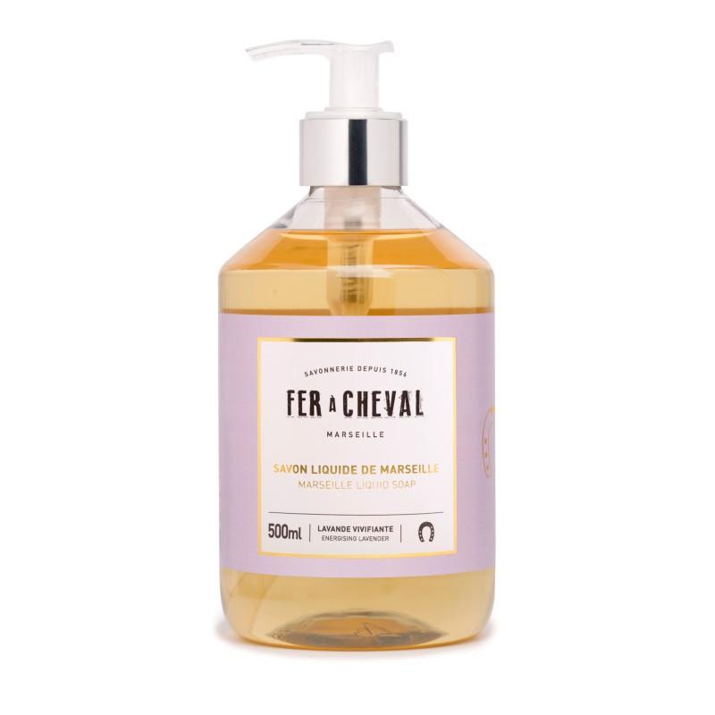 A 500ml clear plastic pump bottle of Fer à Cheval Marseille liquid soap Energising Lavender with a pale yellow color, labeled in French and argan oil fragrance noted.