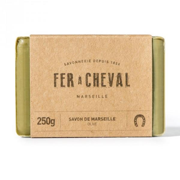 Bar of Fer à Cheval Genuine Marseille Soap Olive Oil 250g bar, from Fer à Cheval, established in 1856, in a simple cardboard packaging against a white background.