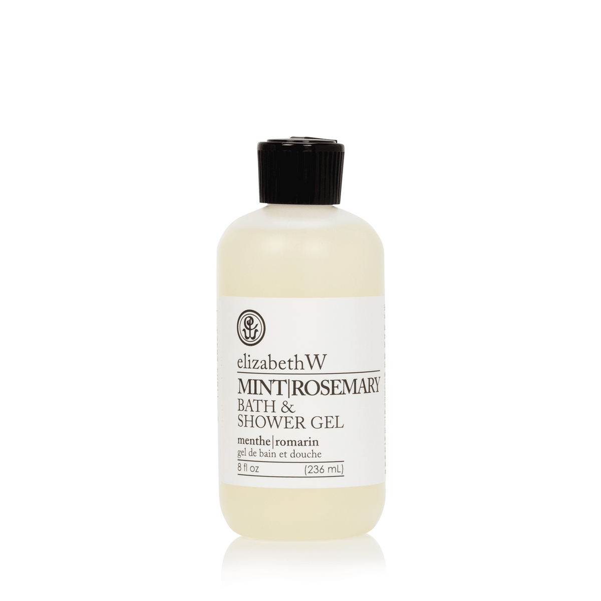 A bottle of Elizabeth W Purely Essential Mint Rosemary Bath & Shower Gel, labeled, with a black cap, isolated on a white background.