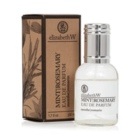 Sentence with replaced product:

elizabeth W Purely Essential Mint Rosemary Eau de Parfum in a clear glass bottle next to its brown packaging box adorned with botanical illustrations.