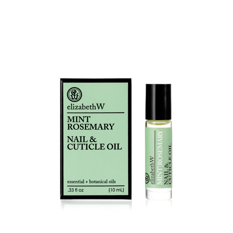 A product image featuring a bottle of elizabeth W Botanical Apothecary Mint & Rosemary Nail & Cuticle Oil next to its packaging. The box and bottle labels predominantly display the product information.