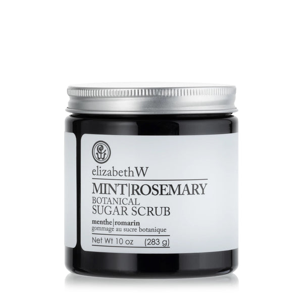 A glass jar labeled "elizabeth W Purely Essential Mint Rosemary Sugar Scrub" containing sugar scrub, displayed against a white background. The jar's contents are labeled as weighing 10 oz (283 g).