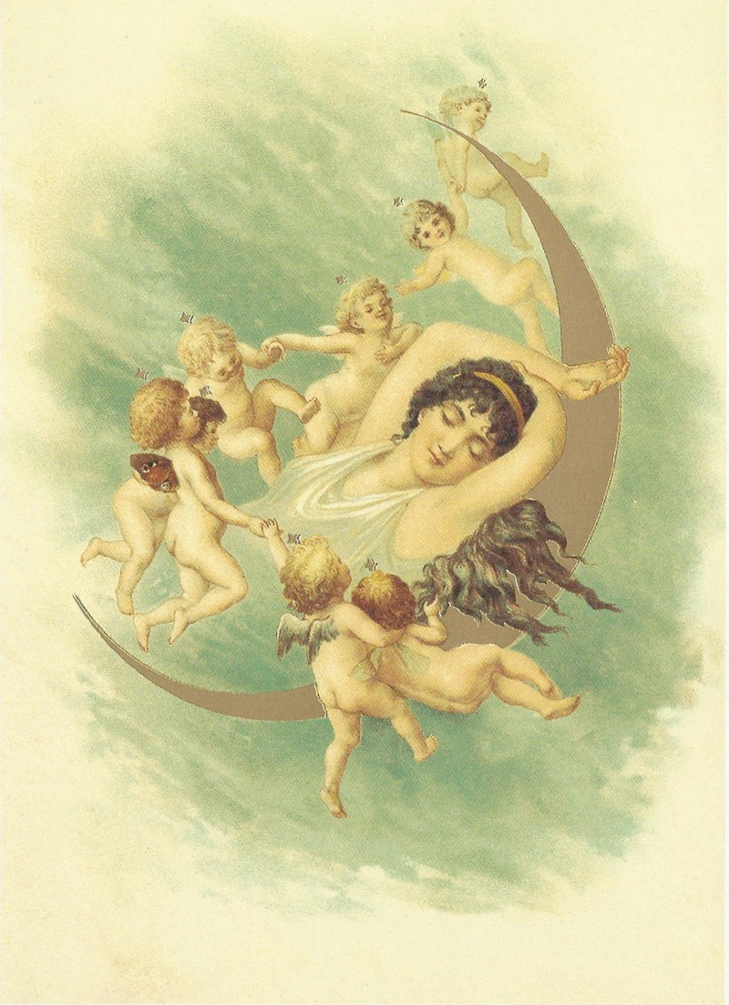 A vintage illustration depicting a woman reclining on a crescent moon, surrounded by six cherubs in various playful poses, against a soft greenish background, perfect for Greeting Cards-Moon Cherubs.