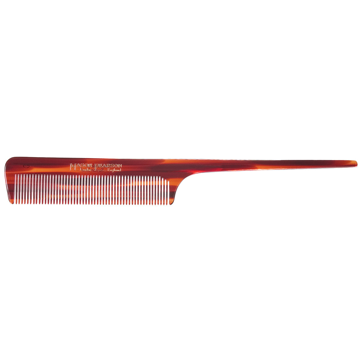 A long, red, plastic Mason Pearson Comb - Tail with fine teeth tapering to a pointed handle, isolated on a white background.