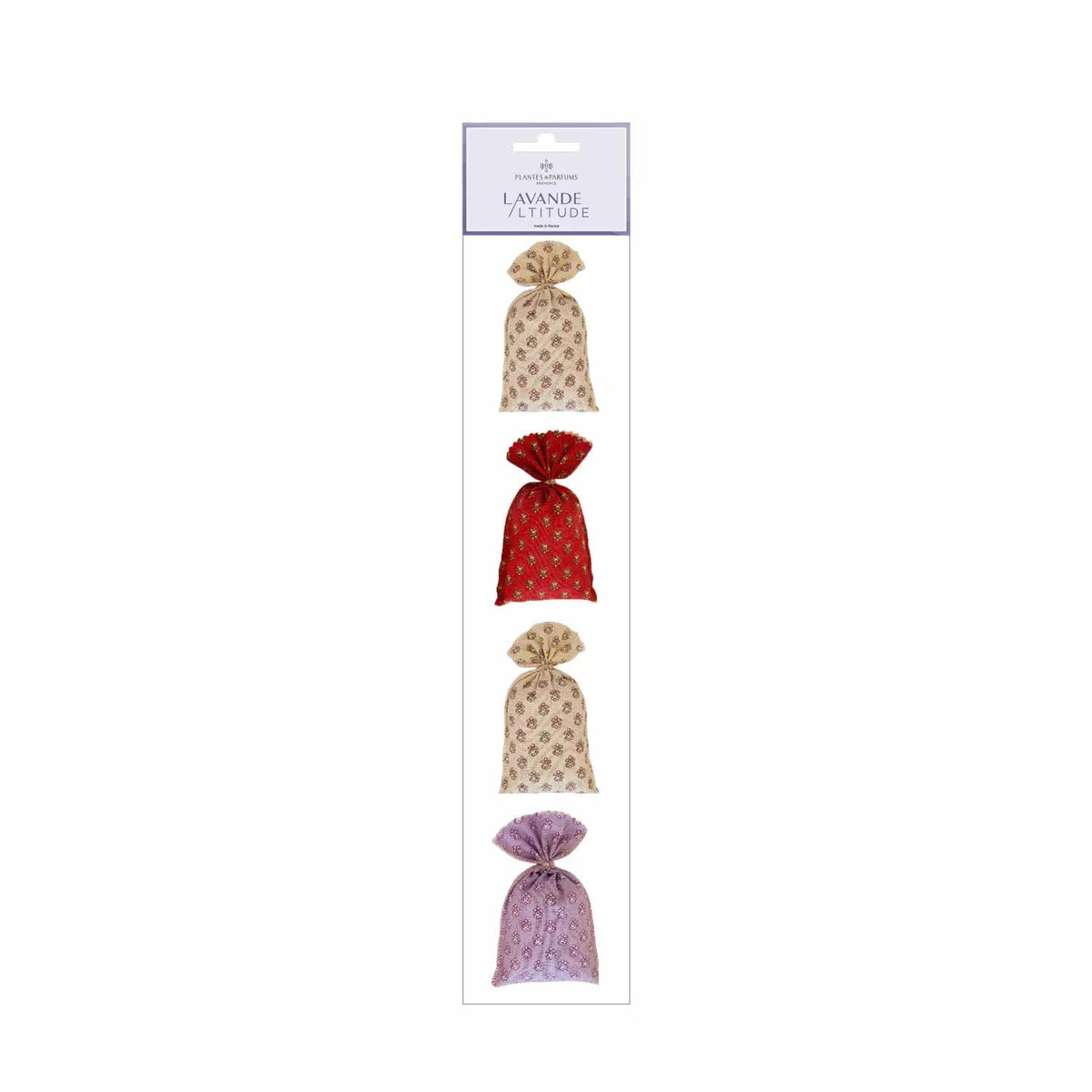 Packaging of La Lavande bath bombs with five different colored bombs displayed vertically, including beige and red. The background is simple and white, emphasizing the product. La Lavande Strip of Lavender Sachets - Classic French Fabric accompany.