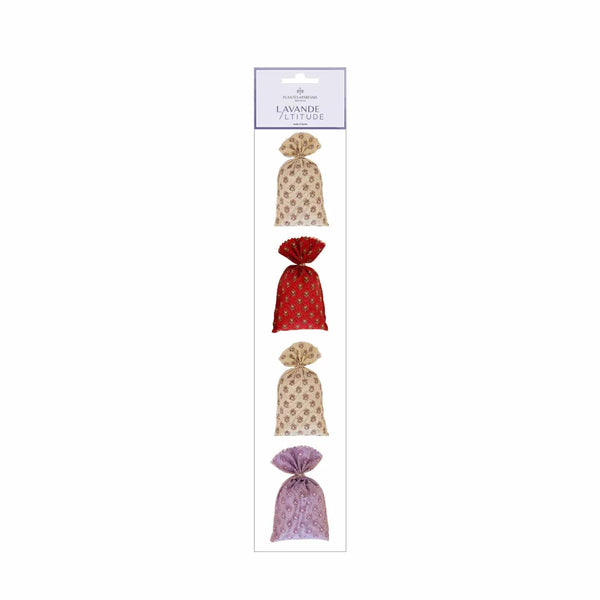 Packaging of La Lavande bath bombs with five different colored bombs displayed vertically, including beige and red. The background is simple and white, emphasizing the product. La Lavande Strip of Lavender Sachets - Classic French Fabric accompany.