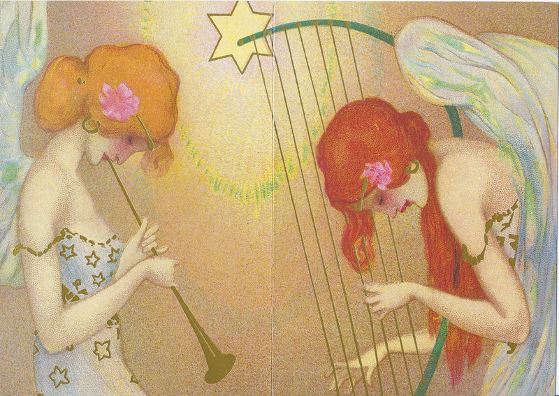 Two ethereal women, one in a dress adorned with stars and the other in floral accents, play golden musical instruments, a lyre and a harp, under a shimmering star on this All Occasion Greeting Card - Musical Angels by Greeting Cards.