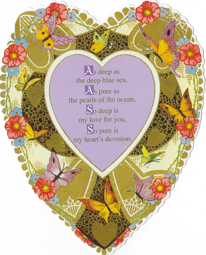 Heart-shaped Valentine card adorned with flowers and butterflies, featuring a poem about deep and pure love, set against a pink and yellow ornate background from Greeting Cards' "My Heart's Devotion" collection.
