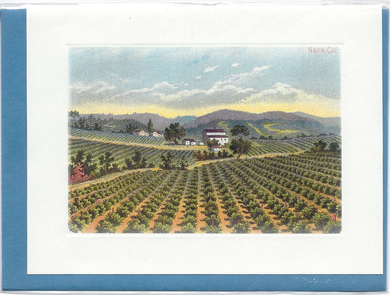 A vintage All Occasion Greeting Card - Napa, Ca Glitter Card depicting a lush vineyard in Napa, California, with neat rows of grapevines stretching towards distant hills under a soft, colorful sky.