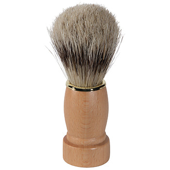 A Kingsley Bristle Shave Brush with a natural wood handle and natural bristles, held together by a gold-toned metal ring, isolated on a white background.