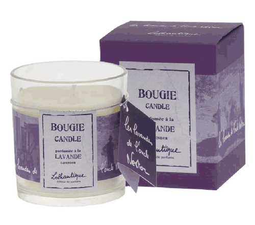 A Lothantique les lavandes de l'oncle Nestor lavender scented candle in a clear glass jar alongside its matching purple box, both labeled in French and English, sitting against a white background.