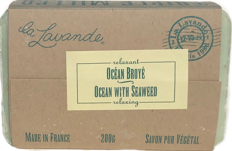 A bar of "La Lavande Ocean Broyee w/seaweed" soap on a tan and green package, marked as made in France and weighing 200gm.