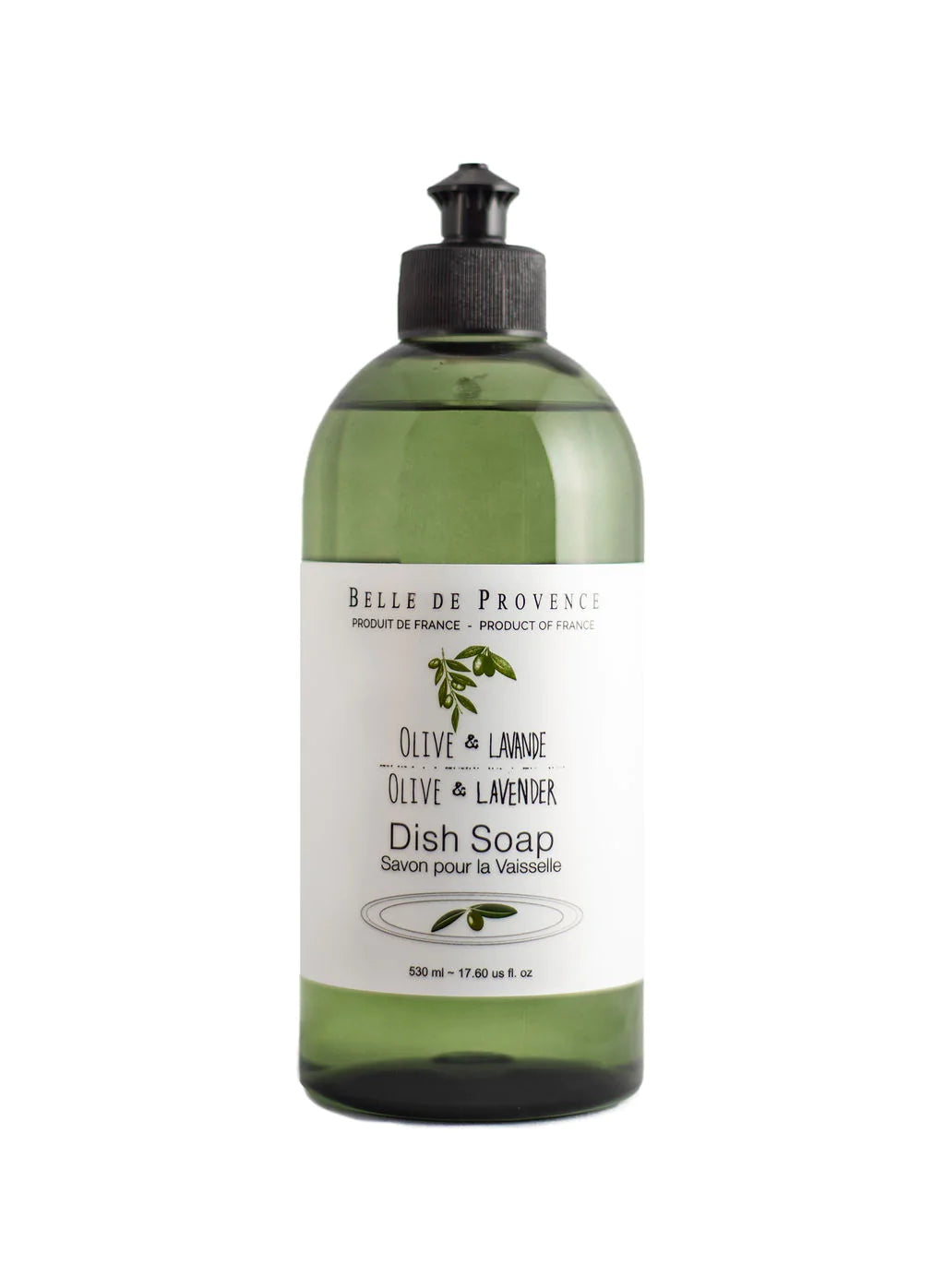 A green bottle of Lothantique Belle de Provence Olive Lavender 500ml Dish Soap is shown. The label displays a minimalistic design featuring olive and lavender illustrations. This natural dish detergent contains 530 ml or 17.90 fl oz of dish soap.