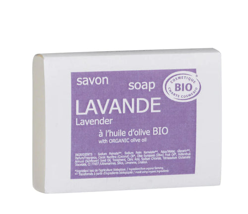 A bar of Lothantique Organic 100g Lavender Soap labeled in French and English, indicating it contains organic olive oil from Lothantique, a biocosmetic brand that uses natural origin ingredients. The package is mostly white with purple accents.