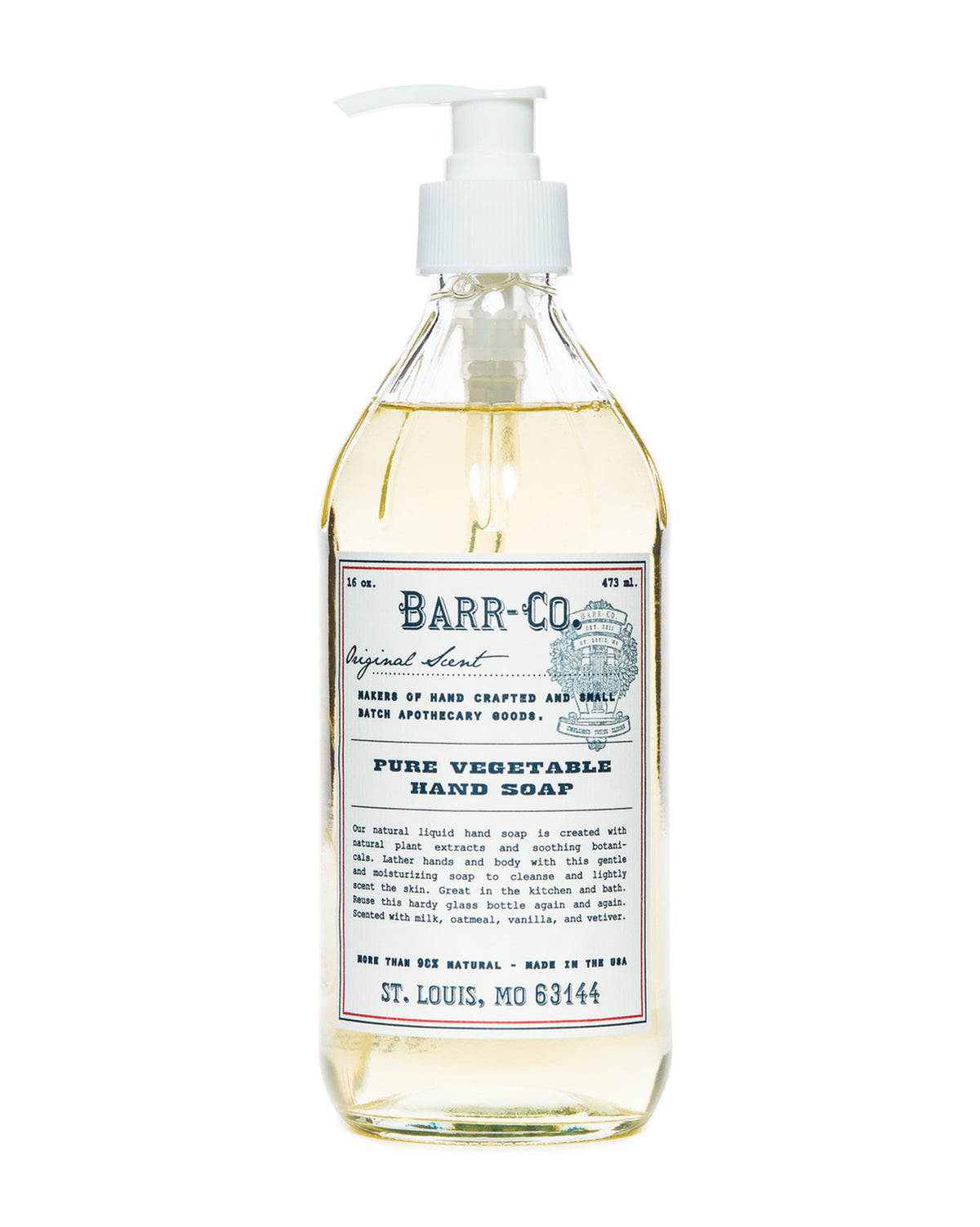Clear plastic bottle of Barr-Co. Original Scent Liquid Hand Soap with a pump dispenser, featuring a vintage label design.