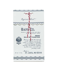 An elegantly designed product tag for "Barr-Co. Original Scent Mini-Perfume" with vintage typography and decorative borders, featuring a red and white twine and a stamp-like logo, accompanied by detailed text.