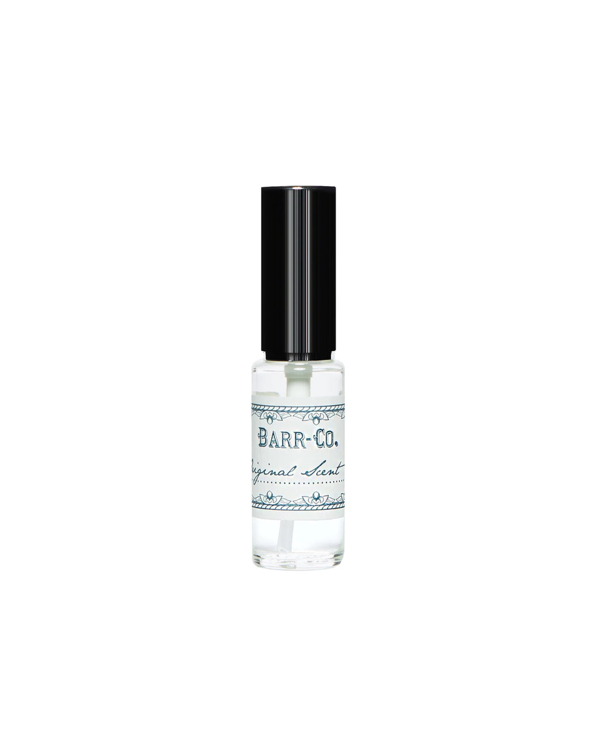 A clear bottle of Barr-Co. Original Scent Mini-Perfume with a black cap, isolated on a white background. The label is vintage styled with elegant typography, featuring notes of vanilla vetiver scent.