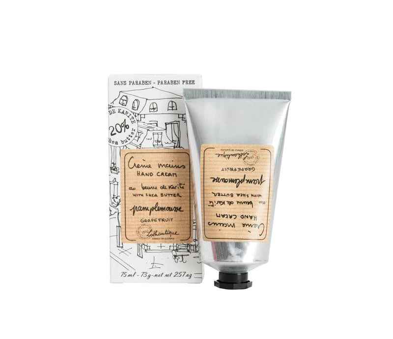 Lothantique Pamplemousse Grapefruit Hand Cream with hand-drawn style labels featuring various script and illustration details, set against a white background.