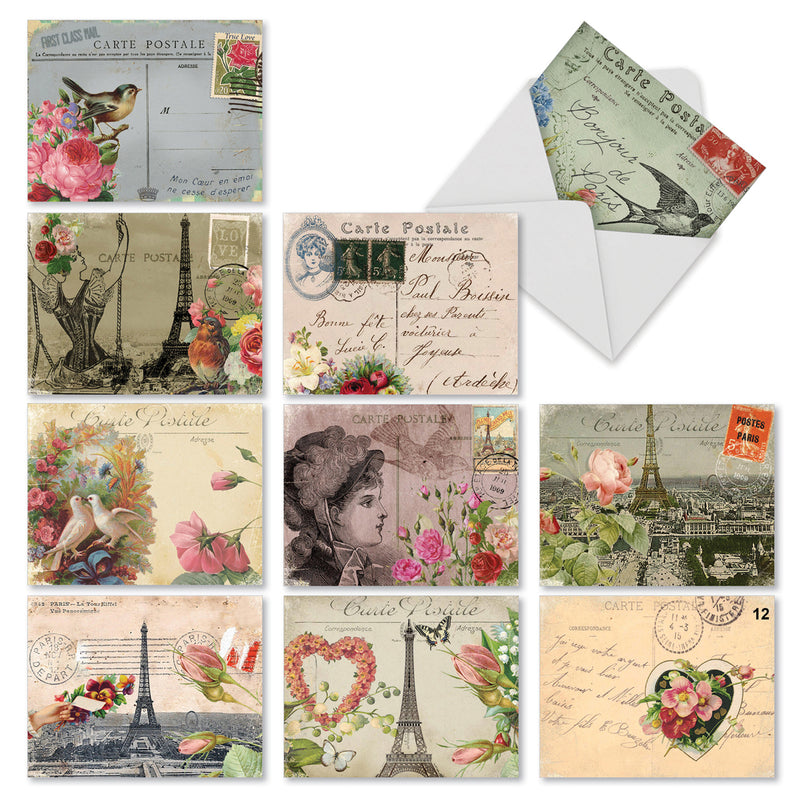 A collage of vintage Paris postcards with floral motifs, Eiffel Tower illustrations, and elegant script, some displayed with an envelope can be found in The Best Card Co.'s All Occasion Boxed Note Cards - Parisian Postcards: Mixed Set of 10 Cards.