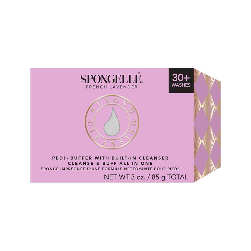 Packaging of Spongellè French Lavender Pedi Buffer by Spongellé, tailored for dry skin, indicating "30+ washes." The box is pink and gray with a droplet icon.