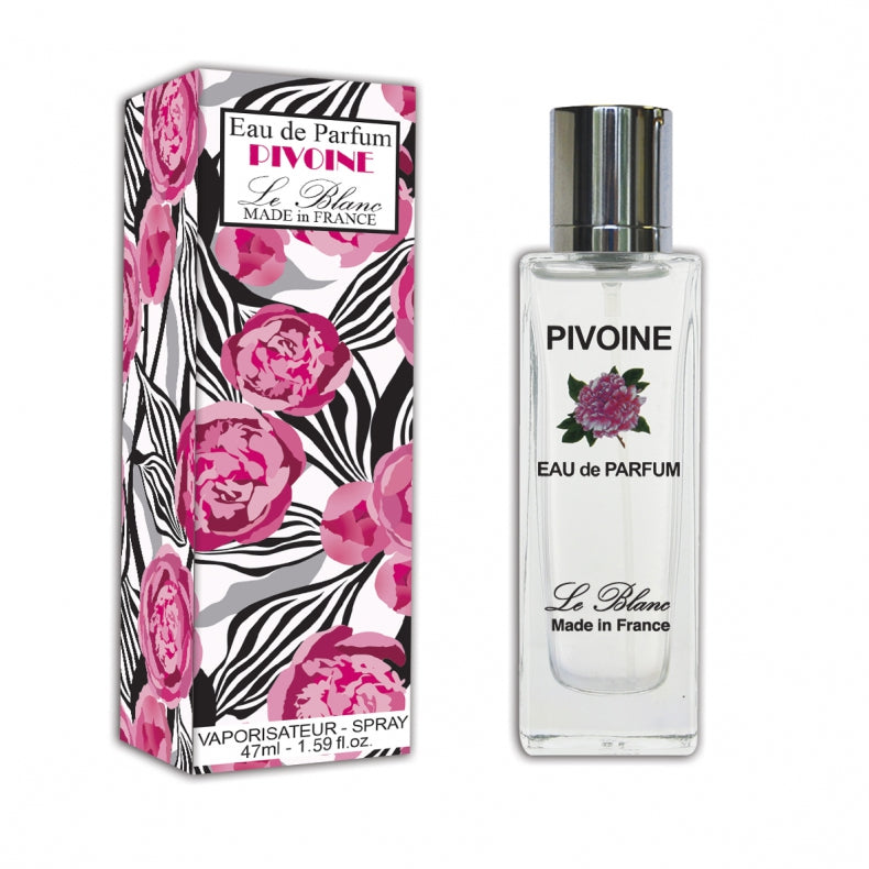 Two bottles of "Le Blanc Peony" eau de parfum by Le Blanc Made in France, one in a colorful floral box with pink peonies and black designs, and the other out of the