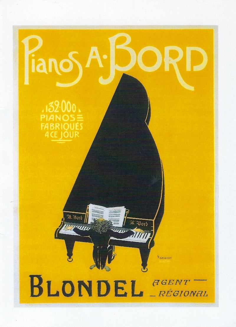 Vintage advertisement poster featuring a grand piano with sheet music, All Occasion Greeting Card - Pianos A Bord and "blondel agent regional" in stylized fonts on a yellow background, blank inside.