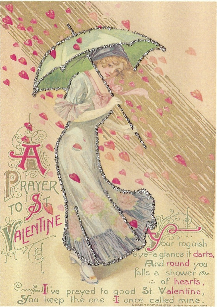Vintage Valentine Greeting Card depicting an elegantly dressed woman holding a green umbrella under a shower of red hearts, adorned with Barbara Schriber Designs and ornate decorations.