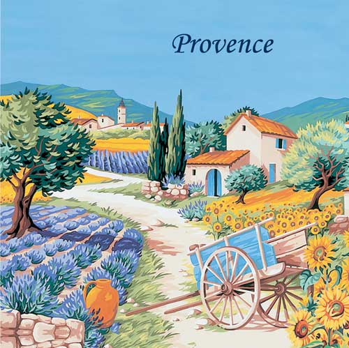 Illustration of a picturesque scene in French Provence featuring a countryside landscape with a rustic wooden cart, vibrant lavender fields, sunflowers, rolling hills, and traditional stone houses under a clear sky with Le Blanc Provence Village Lavender Scented Sachet by Le Blanc Made in France.