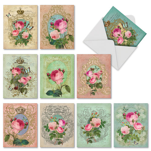 A collage of The Best Card Co.'s All Occasion Boxed Note Cards - Romance & Roses featuring intricate floral designs with pink roses, ornamental frames, and faded script, displayed in various orientations.